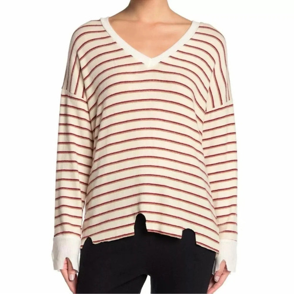 LNA Tops - LNA STRIPED DISTRESSED V-NECK SWEATER